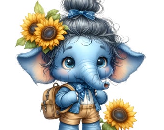 14 PNG Sunflower Elephant Back to School Clipart, Blue Baby Sublimation