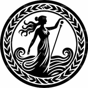4 SVG Goddess Silhouette SVG Cut File, Elegant Woman with Staff in Waves, Mythical Circular Frame Clipart for Cricut