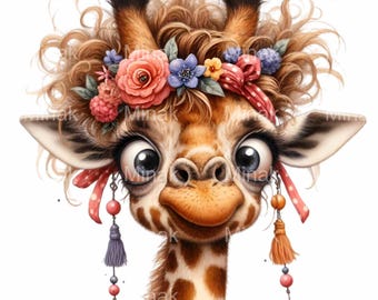 12 jirafas con corona de flores PNG, ilustración de retrato animal