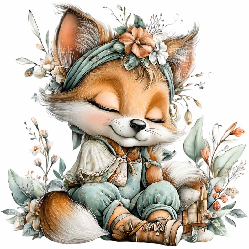 May include: A whimsical illustration of a fox cub with closed eyes, wearing a teal headband and overalls. The fox is surrounded by floral accents in shades of white, orange, and green. The fox is sitting down and appears to be relaxed.
