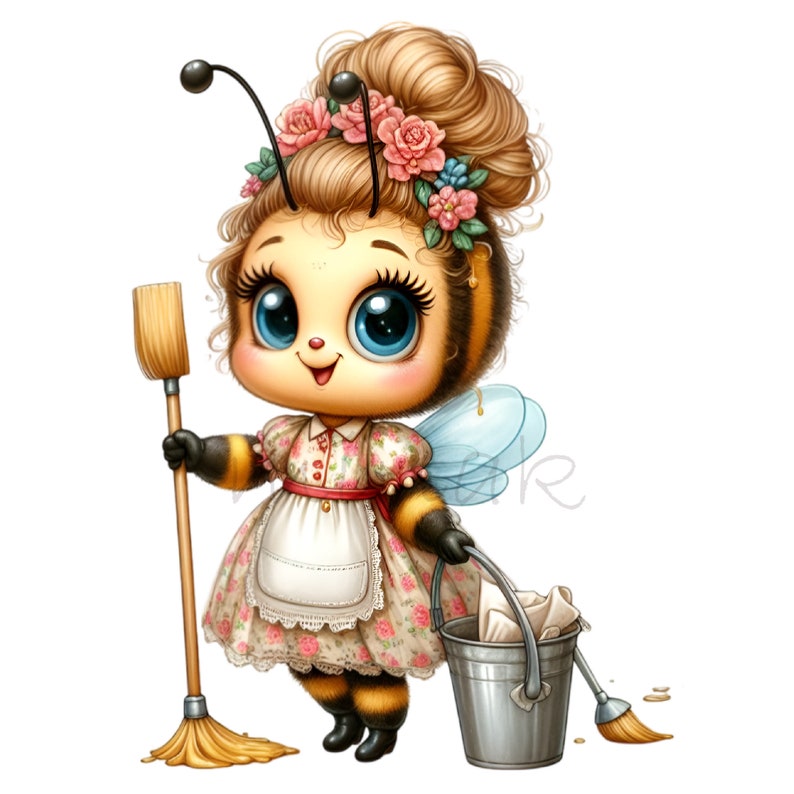 May include: A cartoon illustration of a bee character dressed in a floral print dress and apron, holding a broom and a bucket. The bee has large blue eyes, a flower crown, and wings. The character is smiling and appears to be cleaning.