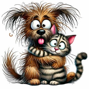 14 divertenti clipart PNG di cani e gatti, simpatici amici soffici che si abbracciano, adorabile arte animale, download digitale