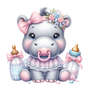 May include: A cute, cartoon hippo with a pink bow, flower crown, and pacifier. The hippo is surrounded by two baby bottles with pink bows. The bottles have gold and blue accents. The hippo is wearing a pink and white lace collar. The image has a soft, pastel color palette.