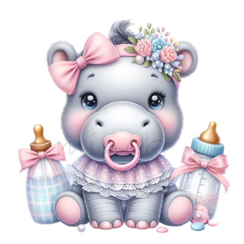 May include: A cute, cartoon hippo with a pink bow, flower crown, and pacifier. The hippo is surrounded by two baby bottles with pink bows. The bottles have gold and blue accents. The hippo is wearing a pink and white lace collar. The image has a soft, pastel color palette.