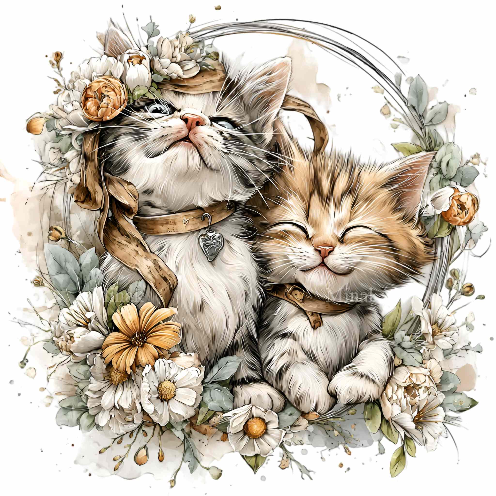 15 PNG Floral Kittens Clipart – Cute Cat Wreath PNG for Nursery Wall ...