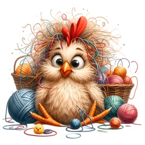 May include: A cartoon chicken with a red comb and a messy nest of colorful yarn on its head. The chicken is sitting on a white background surrounded by balls of yarn in various colors.