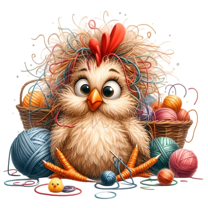 May include: A cartoon chicken with a red comb and a messy nest of colorful yarn on its head. The chicken is sitting on a white background surrounded by balls of yarn in various colors.