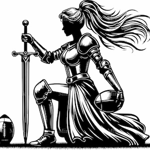 7 SVG Football Warrior femme coupe fichier SVG | Chevalier avec épée et balle | Clipart silhouette forte pour Cricut et laser