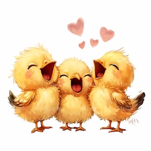 19 schattige kuikens png-clipart - schattige zingende babykuikens met hartjes - digitale boerderijdierenkunst