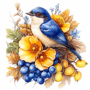 12 oiseaux chanteurs PNG Clipart | Oiseau aux couleurs vives avec des fleurs et des baies jaunes | Illustration florale de la nature automnale pour impression et créations manuelles