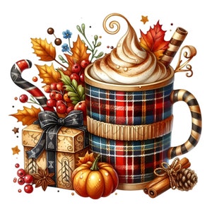 14 Clipart PNG mug écossais avec boisson fouettée automne, citrouilles et feuilles, téléchargement numérique automne cacao