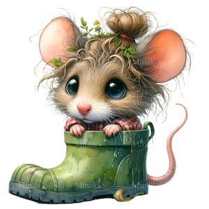 10 PNG Topo con Stivale Clipart - Simpatico Animale da Giorno di Pioggia PNG - Arte stravagante del topo per biglietti, lavoretti per bambini, adesivi, progetti di sublimazione