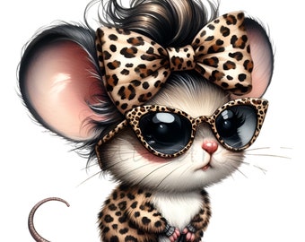 15 Leopard Mouse PNG Clipart, Cute Mouse with Big Eyes in Sunglasses and Bow, Animal Print Digital Download