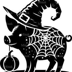Archivo de corte SVG de 8 cerdos brujos, lindo cerdo de Halloween con telaraña y calabaza, silueta de animal de granja para manualidades de Cricut