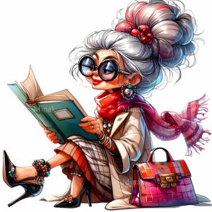 Puede incluir: Ilustración de una mujer elegante con cabello gris recogido en un moño, con gafas grandes, una bufanda roja y un abrigo beige. Está leyendo un libro y lleva tacones negros con detalles de joyas. Un bolso rosa está a su lado.