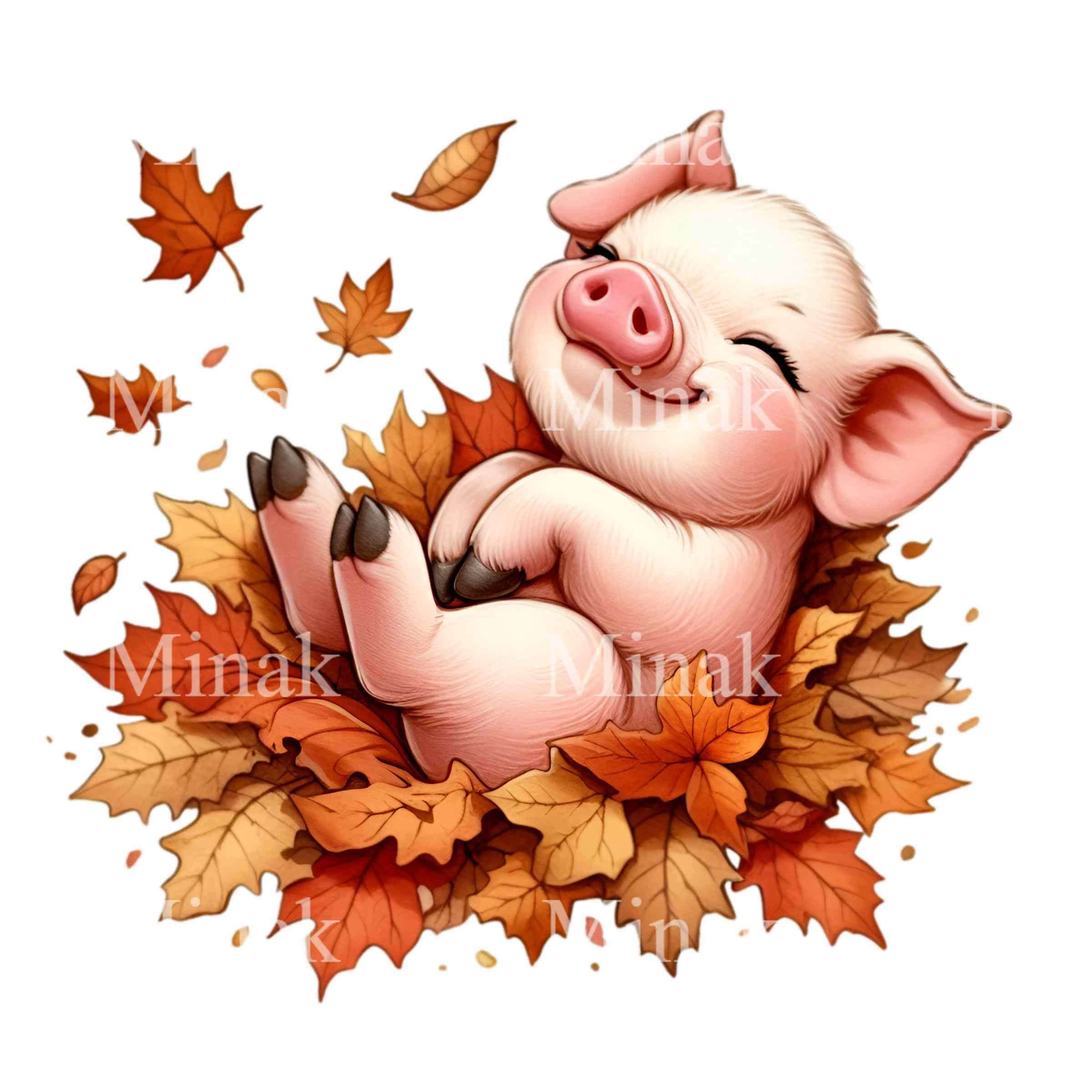 15 PNG Fall Pig Clipart, Autumn Leaves Piglet, Thanksgiving Animal ...