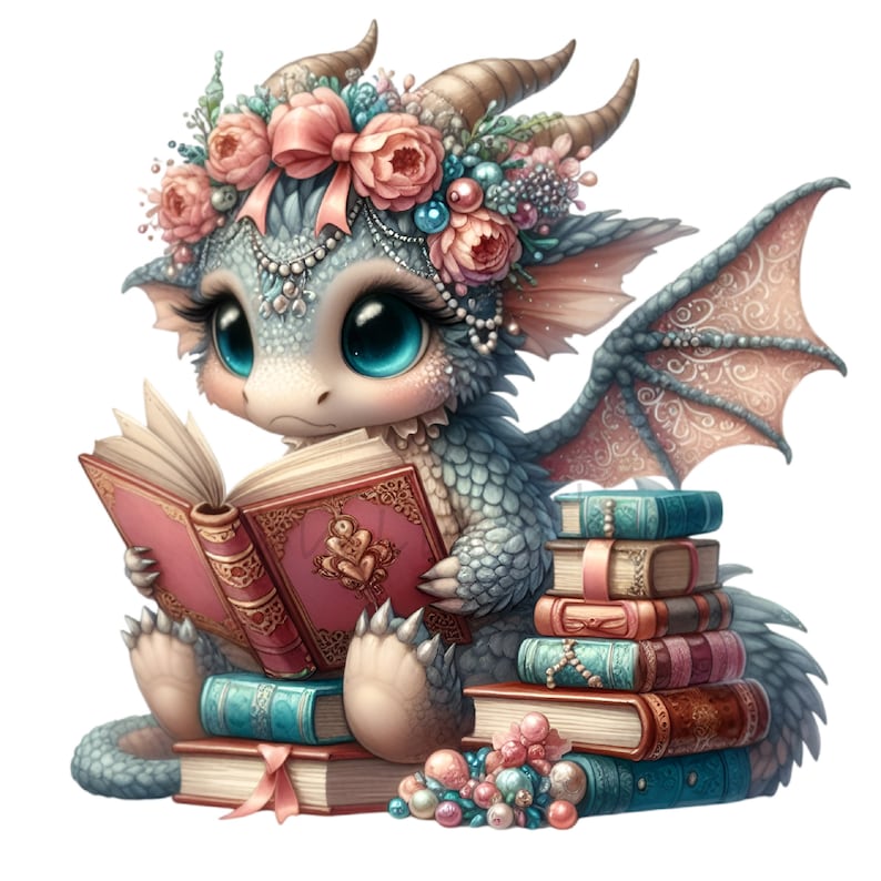 K&ouml;nnte beinhalten: Ein blauer und gr&uuml;ner Drache mit einer rosa Blumenkrone liest ein Buch, w&auml;hrend er auf einem Stapel B&uuml;cher sitzt. Der Drache hat gro&szlig;e blaue Augen und eine rosa Nase. Die B&uuml;cher sind mit goldenen Akzenten verziert und haben rosa B&auml;nder.