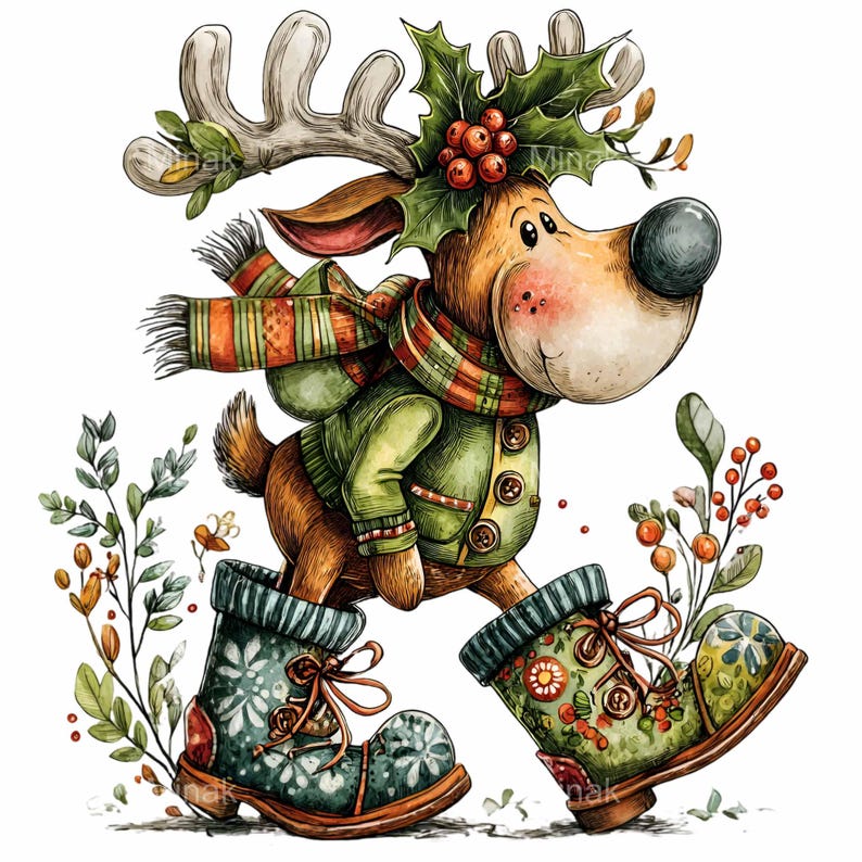 15 imágenes PNG de renos con botas de invierno y bufanda navideña. Ilustración prediseñada.