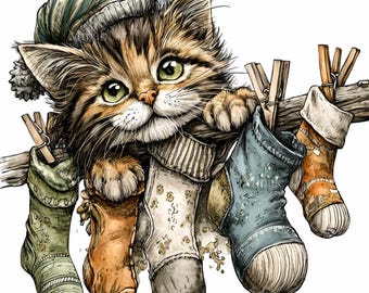 10 chatons sur une corde à linge (PNG), bonnets d'hiver, chaussettes, linge étendu