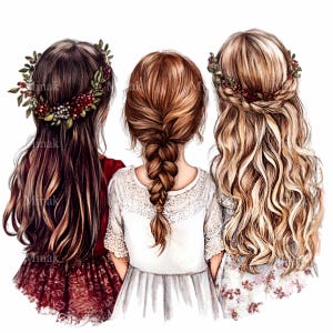 10 drie meisjes achteraanzicht png-clipart, illustratie bloemenkroonkapsels, Friendship Sisters-kunst voor sublimatie, kaarten en prints