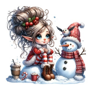 10 png-clipart kerstelf meisje – schattige winter-png met sneeuwpop – cacaoscène voor de feestdagen voor feestelijke kaarten, knutselen en kinderdecor