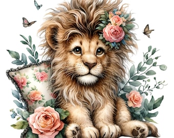 12 PNG Baby Lion Floral Crown Rose Clipart, Safari Animal Nursery