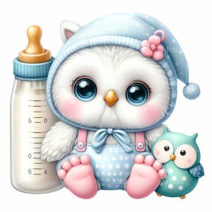 15 PNG Coruja Bebê Clipart PNG com Mamadeira, Chapéu Azul e Pijama, Animal de Berçário Fofo com Pelúcia, Arte Florestal para Recém-nascidos