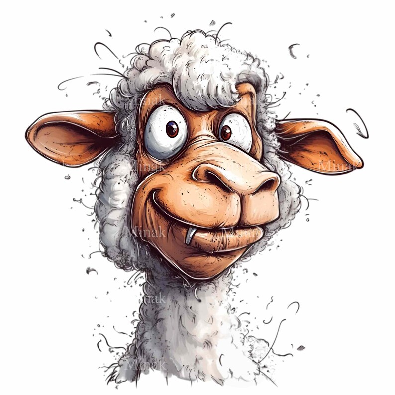 May include: A cartoon illustration of a white sheep with a brown face and a mischievous grin. The sheep has large, wide eyes and a single, sharp fang showing. The sheep's fur is fluffy and textured, and the background is white with a few splatters of paint.