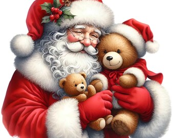 15 Santa Claus Hugging Plush Bear Png, Christmas Toy Vintage Graphic Art