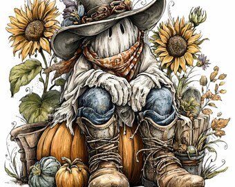 May include: A whimsical illustration of a scarecrow ghost wearing a cowboy hat, bandana, and boots, sitting on a large pumpkin. Sunflowers and smaller pumpkins surround the figure, creating a fall harvest theme.