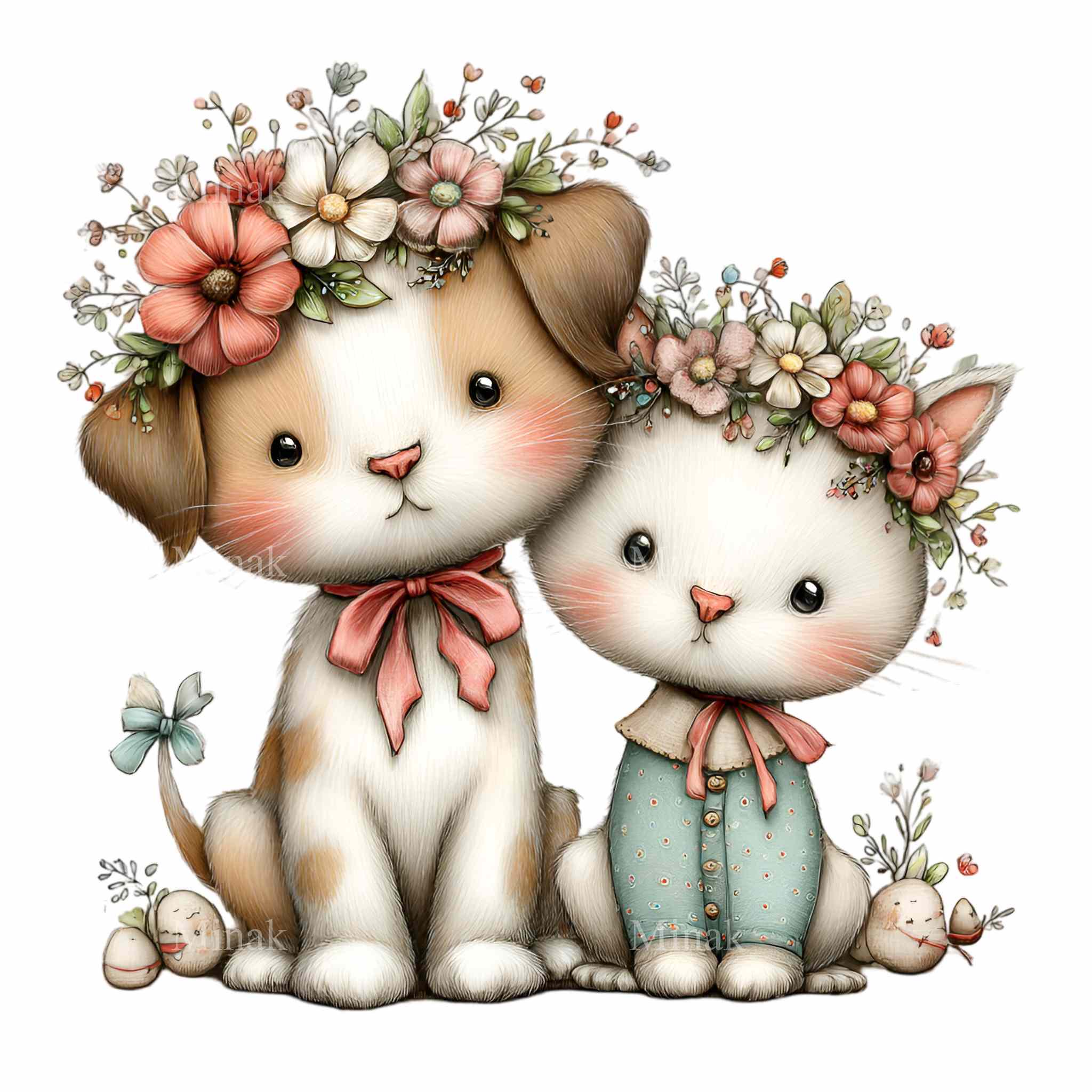 14 PNG Floral Puppy Cat Clipart – Baby Dog Kitten Illustration Flower ...