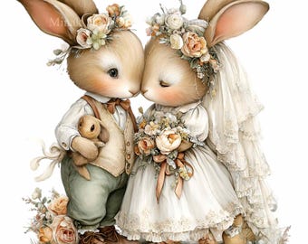 15 imágenes PNG de pareja de conejos en boda, diseño de sublimación para boda de novios.