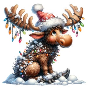 15 PNG süße Weihnachtselche Clipart, Weihnachtsmütze, Weihnachtslichter, verschneite Winterkarikatur Tier PNG für Karten, Sublimation, Kunsthandwerk