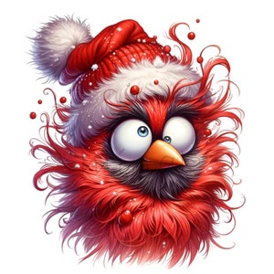 12 PNG Funny red bird in Santa hat - cute holiday PNG clipart for cards, mugs, wall art, kids crafts, seasonal designs and sublimation