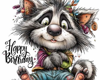 12 PNG Happy Birthday Raccoon Trash Panda Clipart, Forest Animal