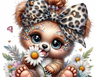 14 PNG Funny Glam Bear Leopard Bow Clipart, Girly Baby Daisy Jewel