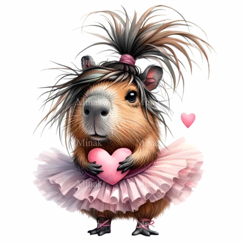 K&ouml;nnte beinhalten: Ein Cartoon-Capybara, das ein rosafarbenes Tutu tr&auml;gt und ein rosafarbenes Herz h&auml;lt. Das Capybara hat einen unordentlichen Pferdeschwanz und tr&auml;gt rosa Schuhe.