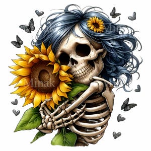 15 Skelett mit Sonnenblume PNG Clipart - Gothic Floral Schädel Digitale Kunst mit Schmetterlingen für Halloween, zum Basteln und Dekorieren