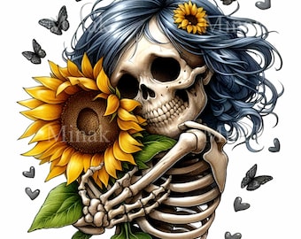 15 Skeleton with Sunflower PNG Clipart – Gothic Floral Skull Digital Art with Butterflies for Halloween, Crafts and Decor
