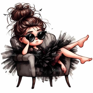 10 PNG Grumpy Girl Armchair Clipart, Black Tutu Art