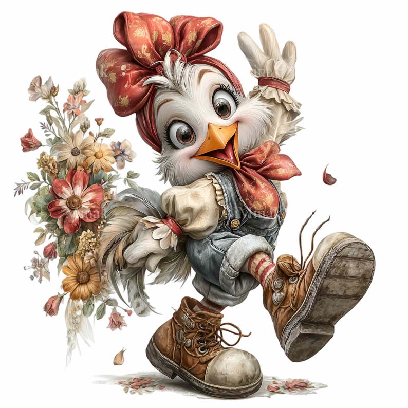 May include: A whimsical cartoon chicken character with a red bow, scarf, and overalls, holding a bouquet of flowers. The chicken is wearing brown boots and is giving a peace sign. The image has a white background.