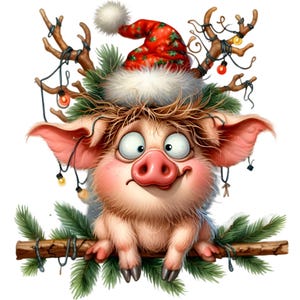 10 divertidos cerdos navideños PNG con gorro de Papá Noel y astas, lindos cerditos navideños en una rama de pino con luces