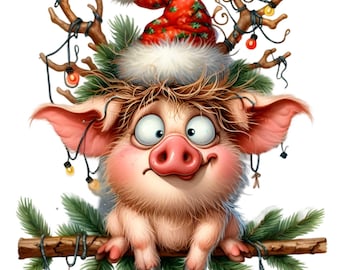 10 PNG-Bilder von weihnachtlichen Schweinegeweihen, lustige Ferkel-Weihnachtsmannmützen-Cliparts