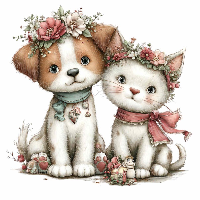 14 PNG Floral Puppy Cat Clipart – Baby Dog Kitten Illustration Flower ...