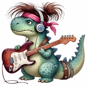 12 png-clipart rockster dinosaurus – gitaar dino png – grappige muziek dierenkunst voor verjaardagsfeestje, jongensambachten, shirts of afdrukbaar decor