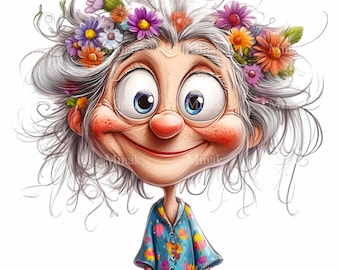 12 lustige Omas mit Blumen (PNG), verspielte ältere Damenfrisuren mit Blumenmuster (Clipart)