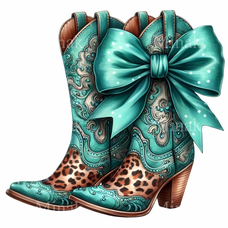 K&ouml;nnte beinhalten: Ein Paar t&uuml;rkisfarbene Cowboystiefel mit Leopardenmuster und einer gro&szlig;en t&uuml;rkisfarbenen Schleife. Die Stiefel haben aufwendige Details und Strasssteine.