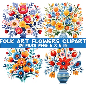 Pacchetto di clipart di fiori di arte popolare 24 motivi rustici floreali PNG Creazione di cartoline, download digitali