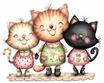 16 Tres gatitos trío Png, Grupo de gatos Diseño de sublimación de adoquines
