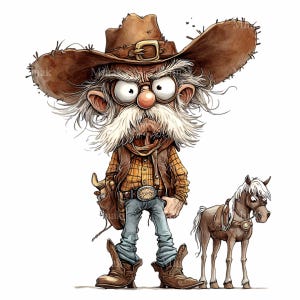 12 cliparts PNG cow-boy drôle, éleveur original avec grand chapeau et petit cheval, Illustration western fantaisiste, téléchargement numérique
